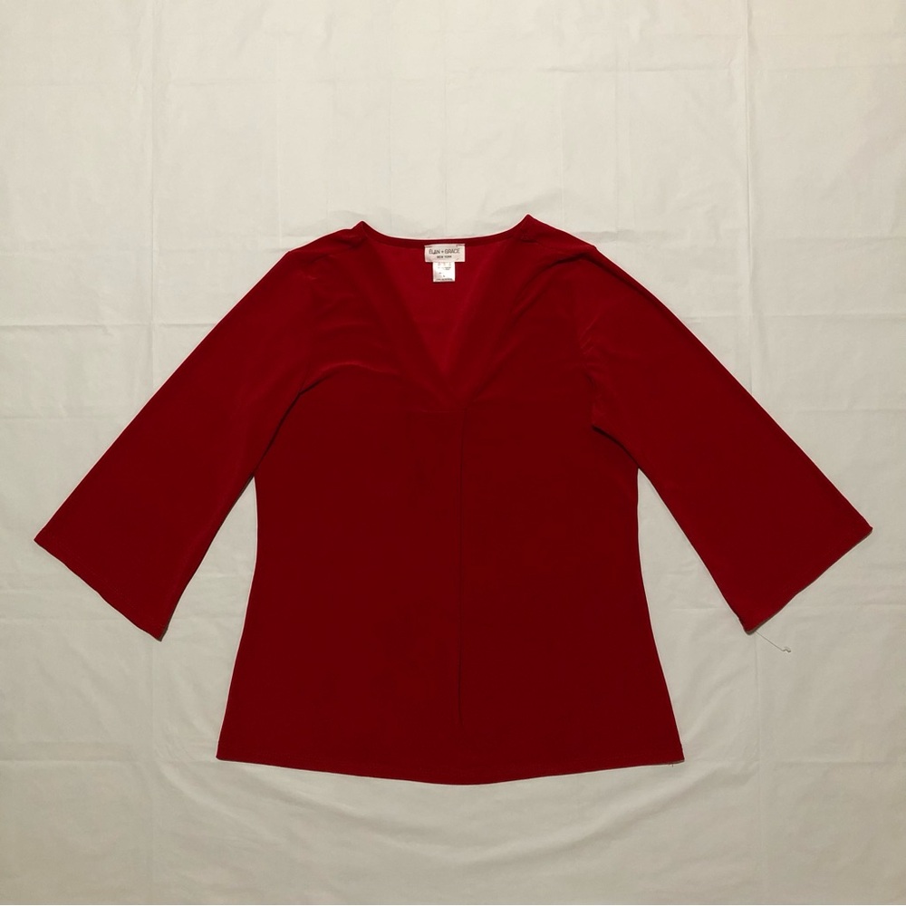 NWOT Elan + Grace Women’s 3/4 Sleeve Made in USA V-Neck Stretch Red Blouse Top L